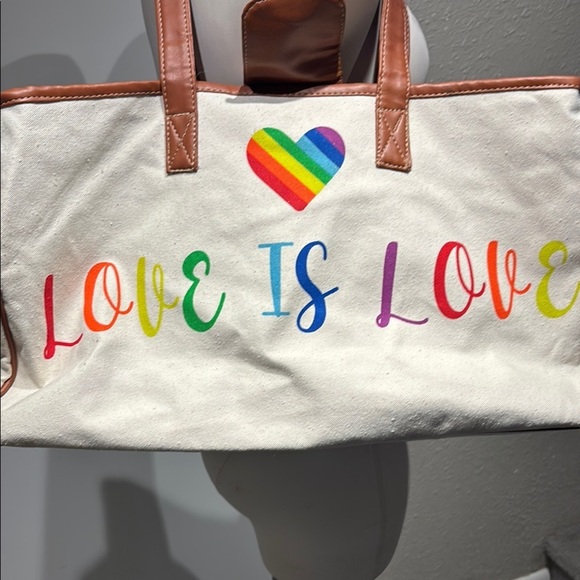 White and Brown Tote with Rainbow Message - Picture 11 of 14